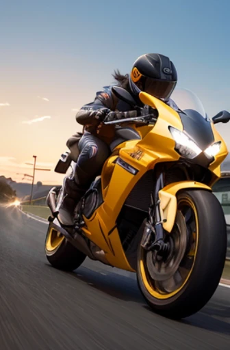 there are many people riding motorcycles on a track at sunset, racers, game illustration, game cg, detailed game art illustration, cycles 3 d render, background artwork, high speed action, motorcycle concept art, daniel maidman octane rendering, cycles4d render, motorbikers race in hell, race track background, octane cgsociety, game art