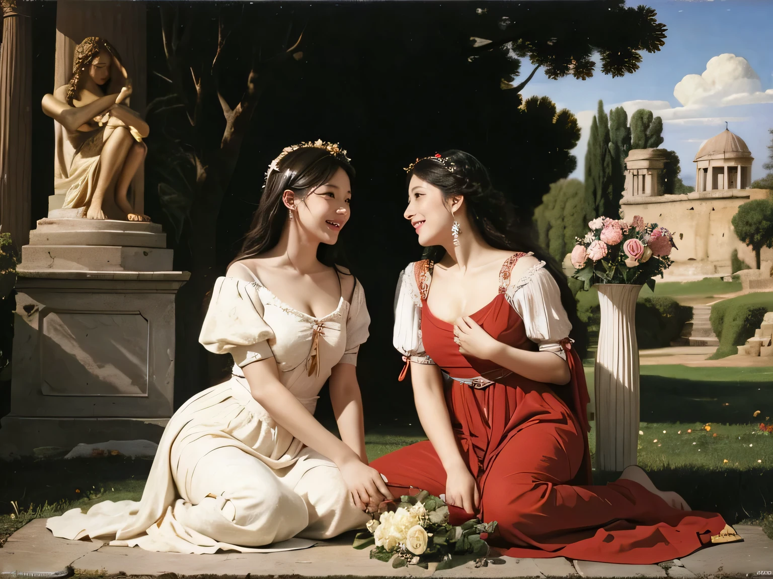 full body portrait or statue、Giorgione painting style,Arguments of two female Philosophe,math、astronomical machine、astronaut、roses in vase、fruits、Cute trinkets、smile、ancient greek costume、Ancient Roman landscape in the style of Nicolas Poussin,laughter,,Sweet and seductive appearance.、Caravaggio's paintings、Chiaroscuro of Caravaggio、hair tousled by the wind,Two women frolicking,cute smile, expression of ecstasy,Sexy,erotic
