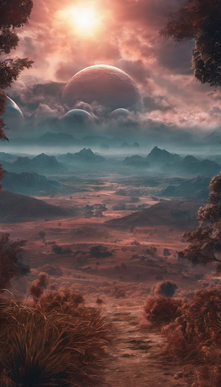 Strange alien landscape, Twin Suns, Atmospheric Color, fields, Background tree々, Dense foliage, animal, picturesque, photograph, synthwave