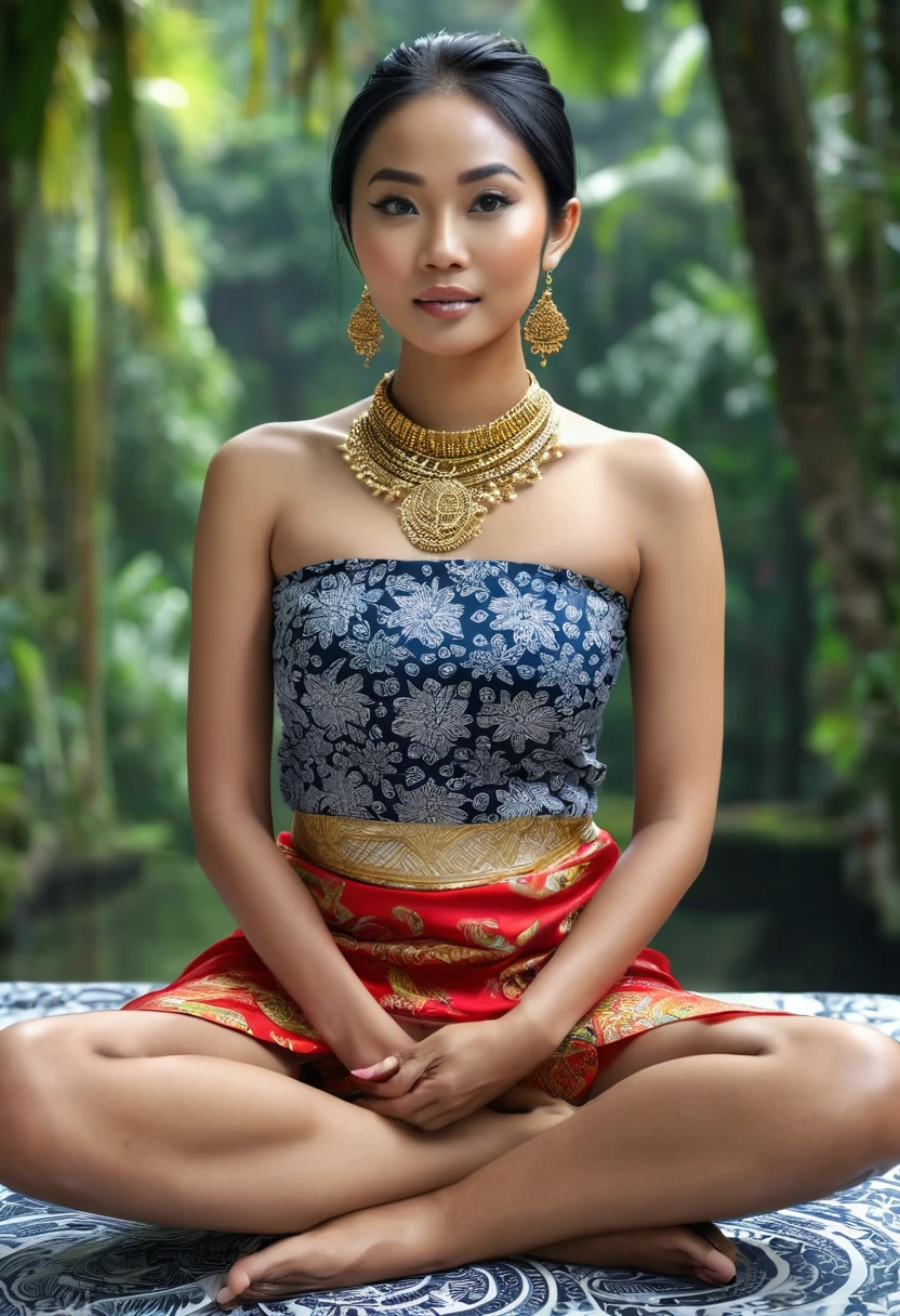 make a super realistic photo. 25 year old Indonesian Javanese woman, round face, beautiful, elegant. Long straight hair, in a small bun on top of her head, wearing a red silk tank top, plump chest, wearing a gold necklace, like a Javanese royal queen. Cloth belt white batik with complicated motifs, wearing a white batik sarong, very complicated black motifs, wearing black rubber sandals. Sit cross-legged, meditate, the body floats, the body emits an aura of 3 colors, blue, gold, blue. Forest and temple background. Beautiful and green. Body aura radiates everywhere. Ultra-HD. HD. hyperrealistic. 65K