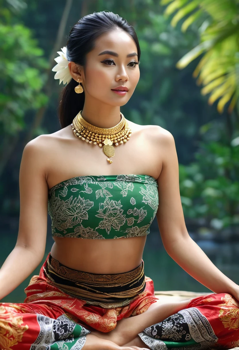 make a super realistic photo. 25 year old Indonesian Javanese woman, round face, beautiful, elegant. Long straight hair, in a small bun on top of her head, wearing a red silk tank top, plump chest, wearing a gold necklace, like a Javanese royal queen. Cloth belt white batik with complicated motifs, wearing a white batik sarong, very complicated black motifs, wearing black rubber sandals. Sit cross-legged, meditate, the body floats, the body emits an aura of 3 colors, blue, gold, blue. Forest and temple background. Beautiful and green. Body aura radiates everywhere. Ultra-HD. HD. hyperrealistic. 65K