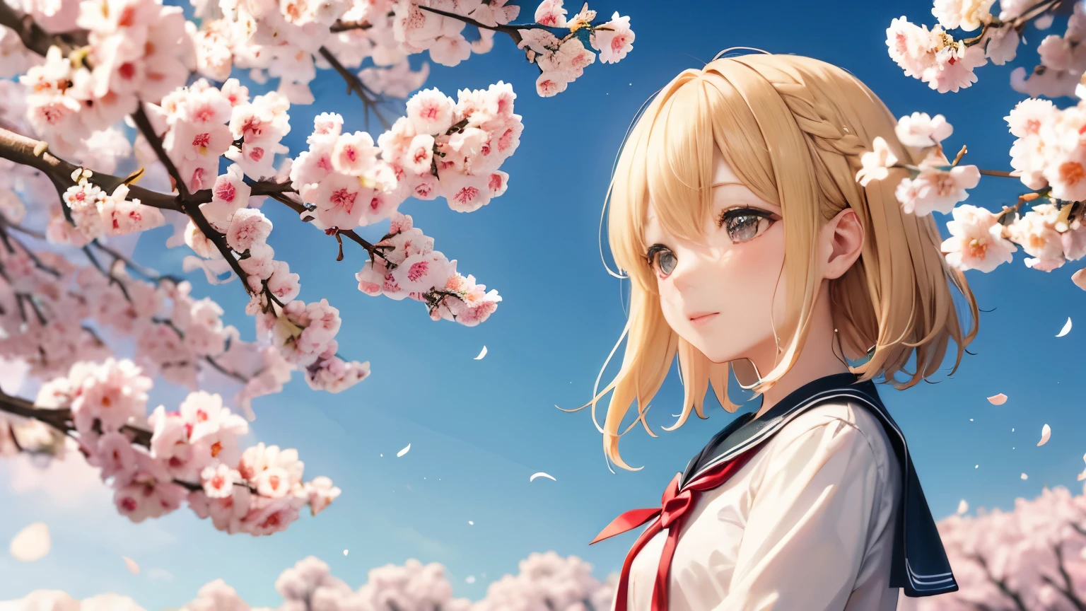 Cherry tree、scatter、Green tree、ephemeral、Sad Woman、Sailor suit、Blonde
