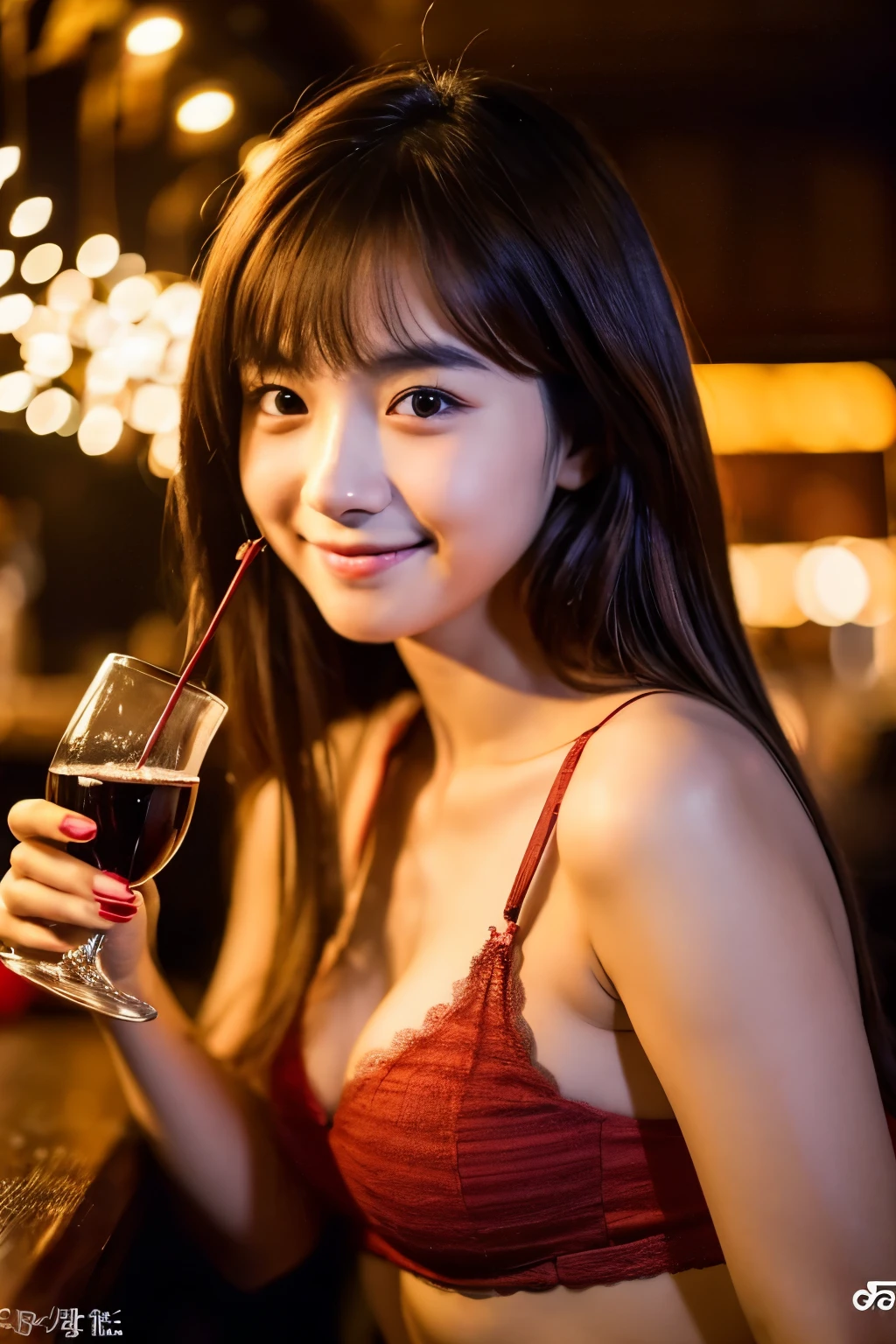 A 20-year-old woman with the cute face of an idol who looks .。Gentle and cute。Please smile kindly。In underwear Holding a red wine glass in a dimly lit night bar Late Night The lighting is very dim Raw photo Real High definition Artistic Genuine Real Life No copyright notice