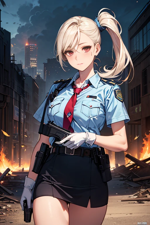 (((perfect anatomy, super detailed skin))), 1 girl, japanese, police girl, shiny skin, large breasts:0.5, looking away, looking up, watching the view,
beautiful hair, beautiful face, beautiful detailed eyes, (long hair:1.5, side ponytail:1.7), blond hair, bangs, hair between eye, red eyes,
beautiful clavicle, beautiful body, beautiful chest, beautiful thighs, beautiful legs, face, mole under eye,
((policewoman uniform, light blue short sleeved shirt, navy necktie, high waisted miniskirt), belt, white gloves, police hat, handcuffs), seductive thighs,
(((aiming at viewer, holding pistol, handgun))), ,
(beautiful scenery), ruins, wasteland, burning city,
8k, top-quality, masterpiece:1.2, extremely detailed), (realistic, photorealistic:1.2), beautiful illustration, cinematic lighting,