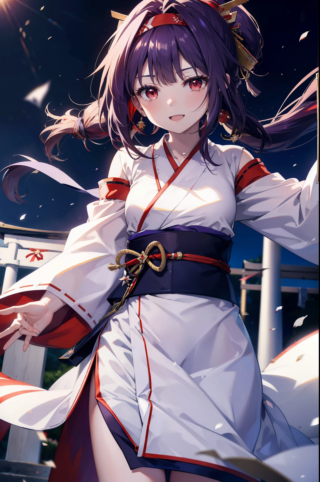 yuukikonno, Konno Yuuki, hair band, Long Hair, Pointed Ears, Purple Hair, (Red eyes:1.5), (Small breasts:1.2), Open your mouth,
happy smile, smile, Open your mouth,Platycodon grandiflorum,Miko, White Kimono,Red Hakama Kimono, As with the skirt, Wide sleeves, Long sleeve, Thick sleeves,Ribbon-trimmed sleeves, Daytime,Clear skies, とてもLong Hair, Blunt bangs, Low ponytail, break outdoors, shrine,torii, break looking at viewer, (Cowboy Shot:1.5), break (masterpiece:1.2), highest quality, High resolution, unity 8k wallpaper, (figure:0.8), (Beautiful fine details:1.6), Highly detailed face, Perfect lighting, Highly detailed CG, (Perfect hands, Perfect Anatomy),