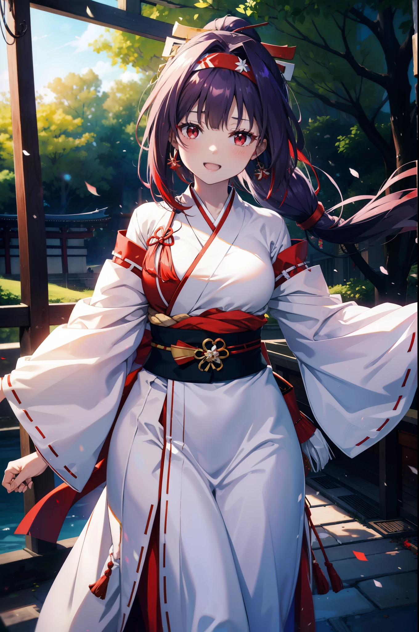 yuukikonno, Konno Yuuki, hair band, Long Hair, Pointed Ears, Purple Hair, (Red eyes:1.5), (Small breasts:1.2), Open your mouth,
happy smile, smile, Open your mouth,Platycodon grandiflorum,Miko, White Kimono,Red Hakama Kimono, As with the skirt, Wide sleeves, Long sleeve, Thick sleeves,Ribbon-trimmed sleeves, Daytime,Clear skies, とてもLong Hair, Blunt bangs, Low ponytail, break outdoors, shrine,torii, break looking at viewer, (Cowboy Shot:1.5), break (masterpiece:1.2), highest quality, High resolution, unity 8k wallpaper, (figure:0.8), (Beautiful fine details:1.6), Highly detailed face, Perfect lighting, Highly detailed CG, (Perfect hands, Perfect Anatomy),