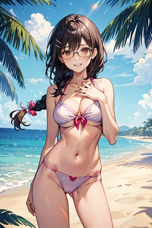 hanekawatsubasa, hanekawa tsubasa, (Seductive cleavage, Slender and toned hips, Soft looking big buttocks, Laughing while talking to viewers:1.2),(with sparkling eyes and a contagious smile),her pubric hair by self touch, long hair, black hair, hair ornament, (brown eyes:1.1), braid, hairclip, twin braids, rimless glasses, cute bikini ,(masterpiece:1.2), best quality, high resolution, unity 8k wallpaper, (illustration:0.8), (beautiful detailed brown eyes:1.2), extremely detailed face, perfect lighting, extremely detailed CG, (perfect hands, perfect anatomy), a girl , Eyes of the Upper Eye,no underwear,(Medium breasts:1.5), naked beautiful,beautiful pussy, (Toned abs:0.7)、Sexy belly, pose muy sexy, outdoors, beach, looking at viewer,