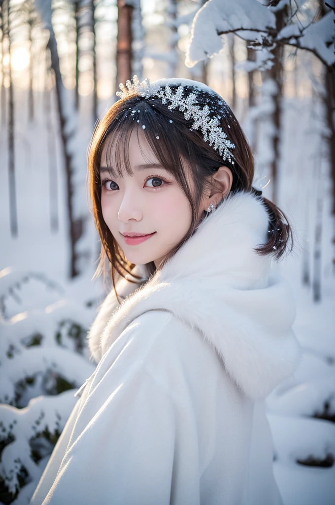 One Girl, (White winter outfit:1.2), Beautiful Japanese actresses,
(RAW Photos, highest quality), (Realistic, Photorealistic:1.4), (Tabletop), Looks great in photos,
Snow Princess, Beautiful fine details, beautiful lip detail, highly detailed eyes and face, Long eyelashes,
snowflake earrings,
break
(Snowy fields in winter in Lapland), 
sparkling snowflakes, Heavenly Beauty, swirling snowflakes, Snow covered trees々々, A world full of dazzling light,
Glowing Shards, powder snow, Snowflakes shining in the sunlight, snow-capped mountain, Cold breath, 
Blue and silver color scheme, Ramatic Lighting, Diamond dust sparkle, (REAK Perfect Anatomy with lots of glowing lights, Slender body, small, short hair, Old-fashioned smile,
Crystal skin, -Clear eyes