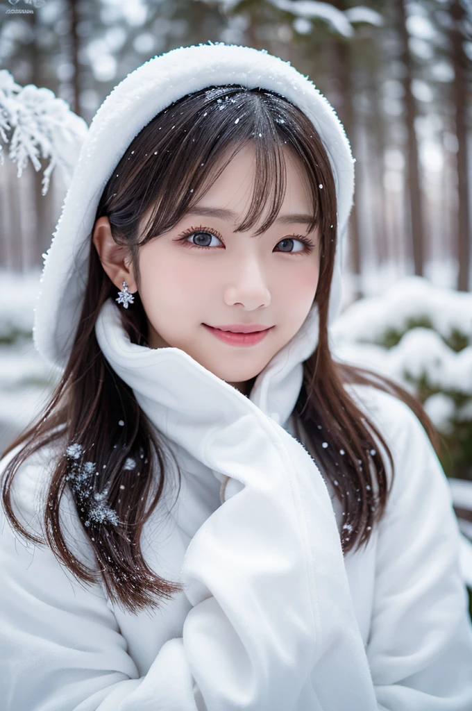 One Girl, (White winter outfit:1.2), Beautiful Japanese actresses,
(RAW Photos, highest quality), (Realistic, Photorealistic:1.4), (Tabletop), Looks great in photos,
Snow Princess, Beautiful fine details, beautiful lip detail, highly detailed eyes and face, Long eyelashes,
snowflake earrings,
break
(Snowy fields in winter in Lapland), 
sparkling snowflakes, Heavenly Beauty, swirling snowflakes, Snow covered trees々々, A world full of dazzling light,
Glowing Shards, powder snow, Snowflakes shining in the sunlight, snow-capped mountain, Cold breath, 
Blue and silver color scheme, Ramatic Lighting, Diamond dust sparkle, (REAK Perfect Anatomy with lots of glowing lights, Slender body, small, short hair, Old-fashioned smile,
Crystal skin, -Clear eyes