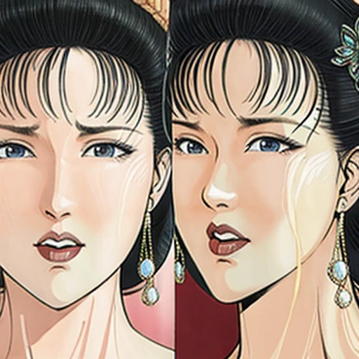 NSFW,mature female,{full_nude},{full_body},big breast,big nipple,Pubic hair of the same color as the hair,red cheek, crying, open mouth,skinny,chinese traditional style bed,{best quality}, {very aesthetic}, {ultra-detailed}, {best illustration},gangbang