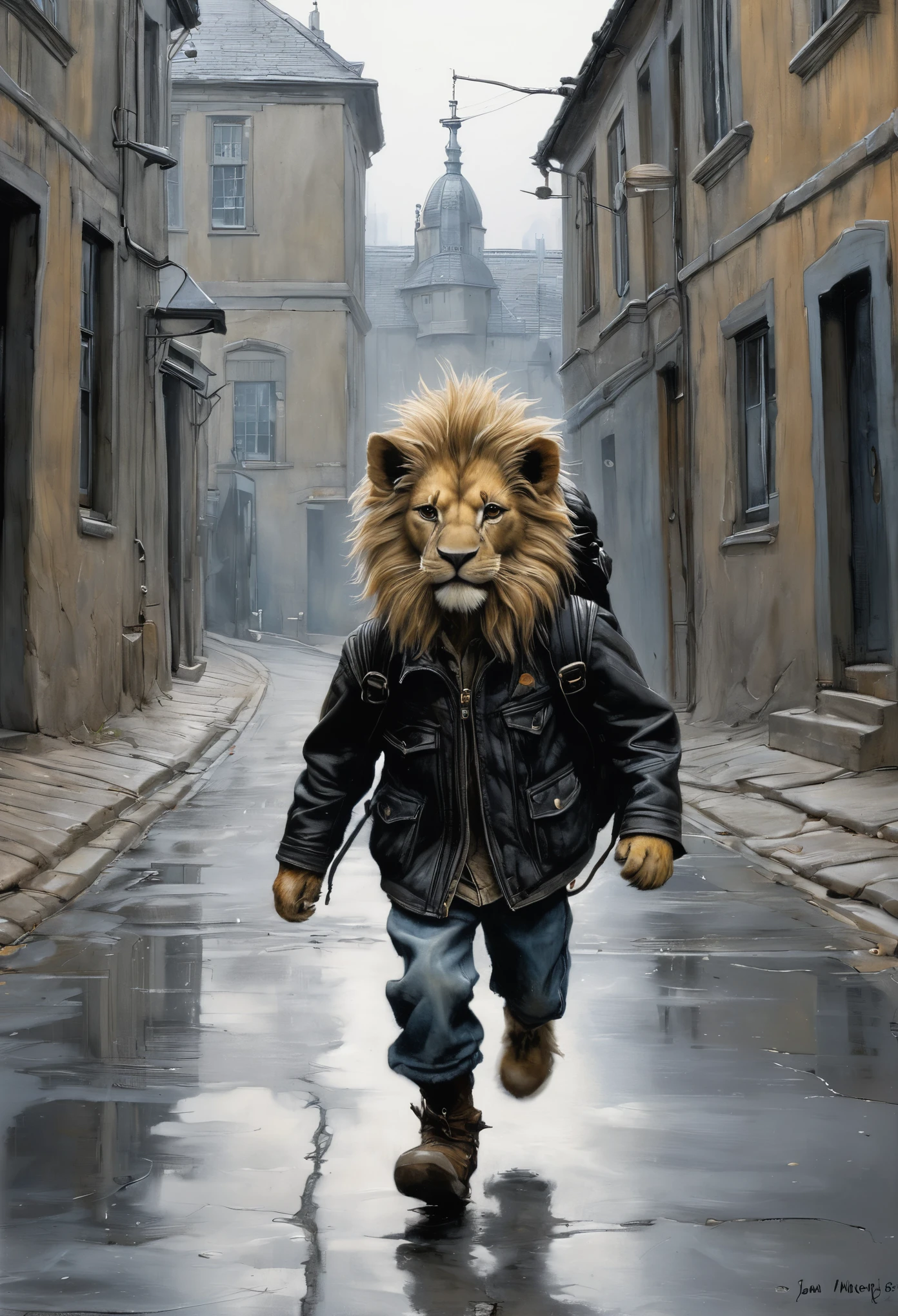 realism, dark fantasy style, John Tolkien style, Small painting by Jean-Baptiste Monge, fluffy lion boy, looks like a lion boy, In a short black leather jacket....., jeans, backpack in paws, running down the road, Safari, city, megalopolis, city trail, big house, glass skyscraperJean-Baptiste Monge, anthropomorphic --ar 2:3 --testp - optimistic;