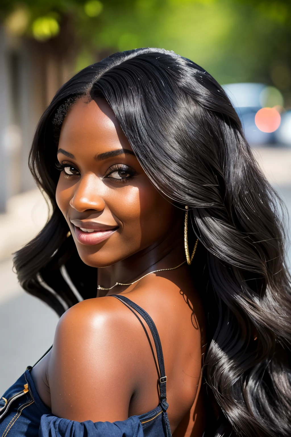 Captivating visual representation of a dark-skinned woman oozing charisma as she smiles for her profile photo. Her teeth glint with grillz, adding an edgy allure to her radiant, beaming face. Her long, luscious black hair falls in soft waves around her shoulders. The background is a blur of shadows, enhancing her vibrant presence in the frame. Dutch angle adds a dynamic touch to the image, making it all the more intriguing.