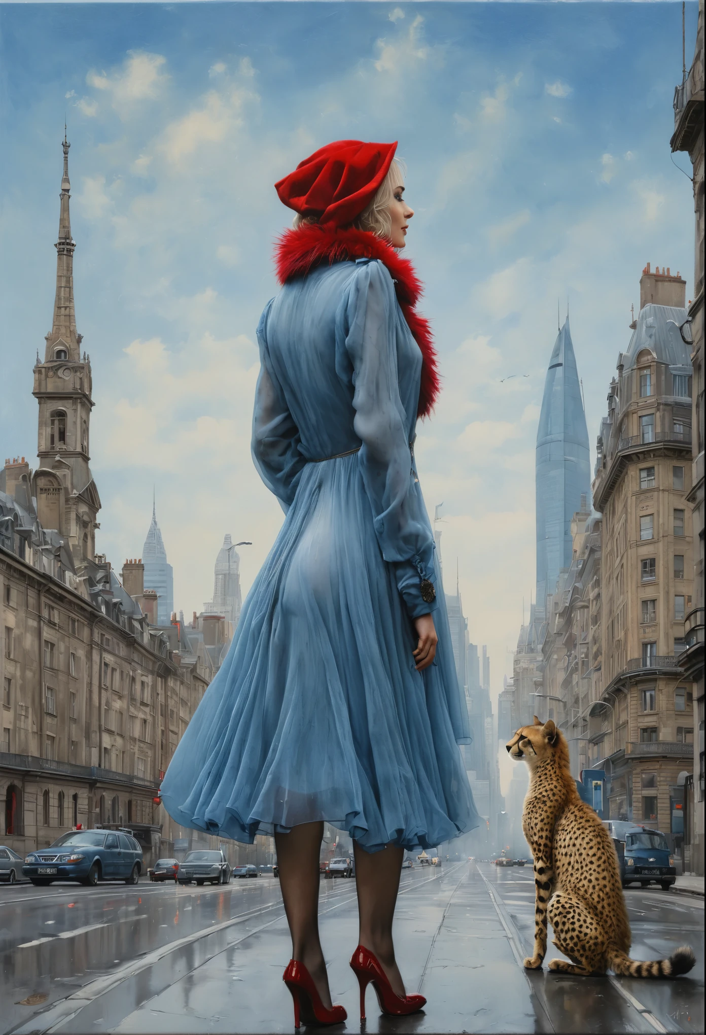 realism, dark fantasy style, John Tolkien style, Small painting by Jean-Baptiste Monge, Erotic cheetah girl, in a chiffon blue dress and a short red fur coat, looking at the sky, city, metropolis, urban highway., big house, glass skyscraper by Jean-Baptiste Monge, anthropomorphic -ar 2:3-The test is optimistic;