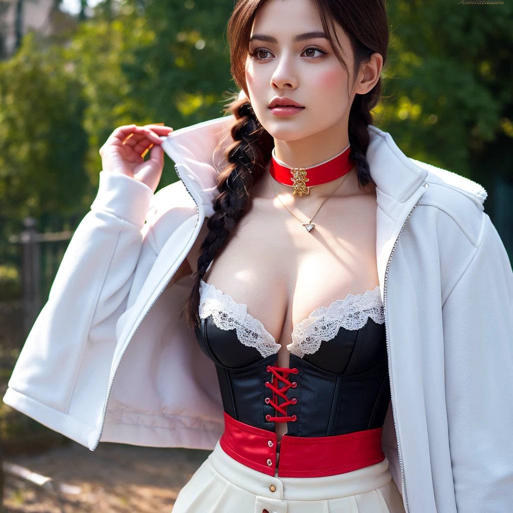 1girl, portrait of beautiful lobapex, athletic, white jacket, corset, skirt, pants, black hair, red hair, braids, makeup, choker, cleavage, wide hips, volumetric lighting, best quality, masterpiece, intricate details, tonemapping, sharp focus, hyper detailed, trending on Artstation, realistic