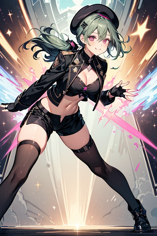 ubel,((ubel of Frieren: Beyond Journey's End )),dark green hair,long hair,side ponytail,hair between eyes,bangs, BREAK (beret, black jacket, open clothes, cleavage, midriff, black shorts, black thighhighs, thigh strap, fingerless gloves, single glove:1.2) , (dynamic angle:1.3, front view:1.1, breast focus:1.3, from below:1.2), (dynamic posing:1.5, sexy posing:1.2, leaning forward), (seductive smiling:1.3),(*K) HD, highest quality, WorKs of masters, High resolution, spread legs, panties shot,1 girl, small nose,(with sparkling eyes and a contagious smile), very beautiful detailed face and eyes, bright colors, cute face, delicate beautiful face, Bright magenta eyes, cute eyes, sparkling eyes, Big eyes, (big breasts:1.3), (perky chest:1.1), (pointed chest:1.0), medium hips, glamorous body, white skin, smile, thin pubric hair, shiny hair, super beautiful face, Super beautiful eyes, Super beautiful hair，trendy outfit，sexy and attractive，explosion of colors，big hairpin，full body esbian，illegal occupation, Real World, Natural light,perfect Natural light,looking at viewer,

