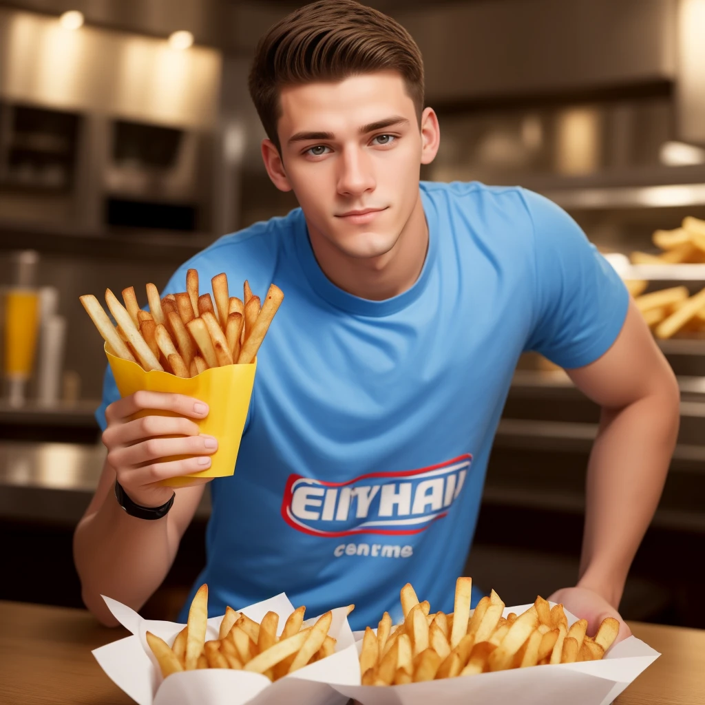 20-year-old man looking into the camera holding French fries, cena de restaurantes fast-food
