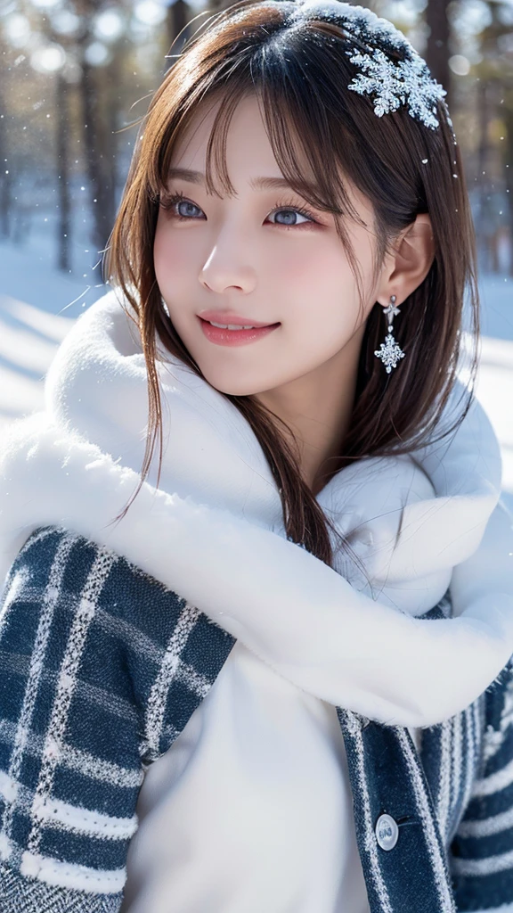 One Girl, (White winter outfit:1.2), Beautiful Japanese actresses, (RAW Photos, highest quality), (Realistic, Photorealistic:1.4), (Tabletop), Looks great in photos, Snow Princess, Beautiful fine details, beautiful lip detail, highly detailed eyes and face, Long eyelashes, snowflake earrings, break (Snowy fields in winter in Lapland), sparkling snowflakes, Heavenly Beauty, swirling snowflakes, Snow covered trees々々, A world full of dazzling light, Glowing Shards, powder snow, Snowflakes shining in the sunlight, snow-capped mountain, Cold breath, Blue and silver color scheme, Ramatic Lighting, Diamond dust sparkle, (REAK Perfect Anatomy with lots of glowing lights, Slender body, small, short hair, Old-fashioned smile, Crystal skin, -Clear eyes