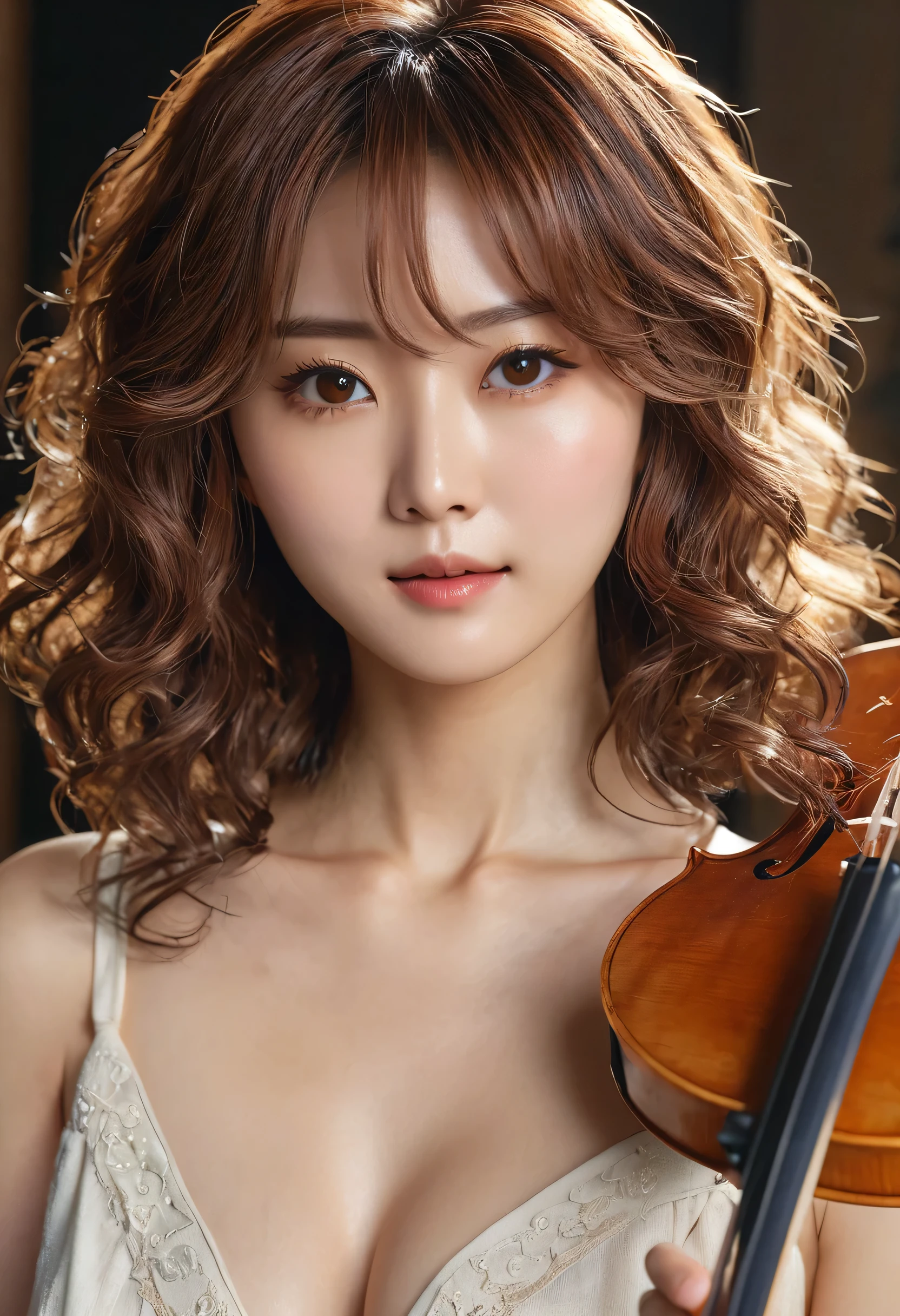 masterpiece、highest quality、High resolution、Tabletop、wallpaper、Realistic、Bright lighting、Professional Lighting、Face Light、smooth lighting、Japanese women、Adult、Beautiful woman、action、gravure、sexy、poor、so beautiful、Beautiful Skin、Beautiful and detailed、Detailed face、slim、moderately、Brunette colored hair、Brown eyes、Looking at the camera、Let me&#39;play the violin、Hair is short and curly