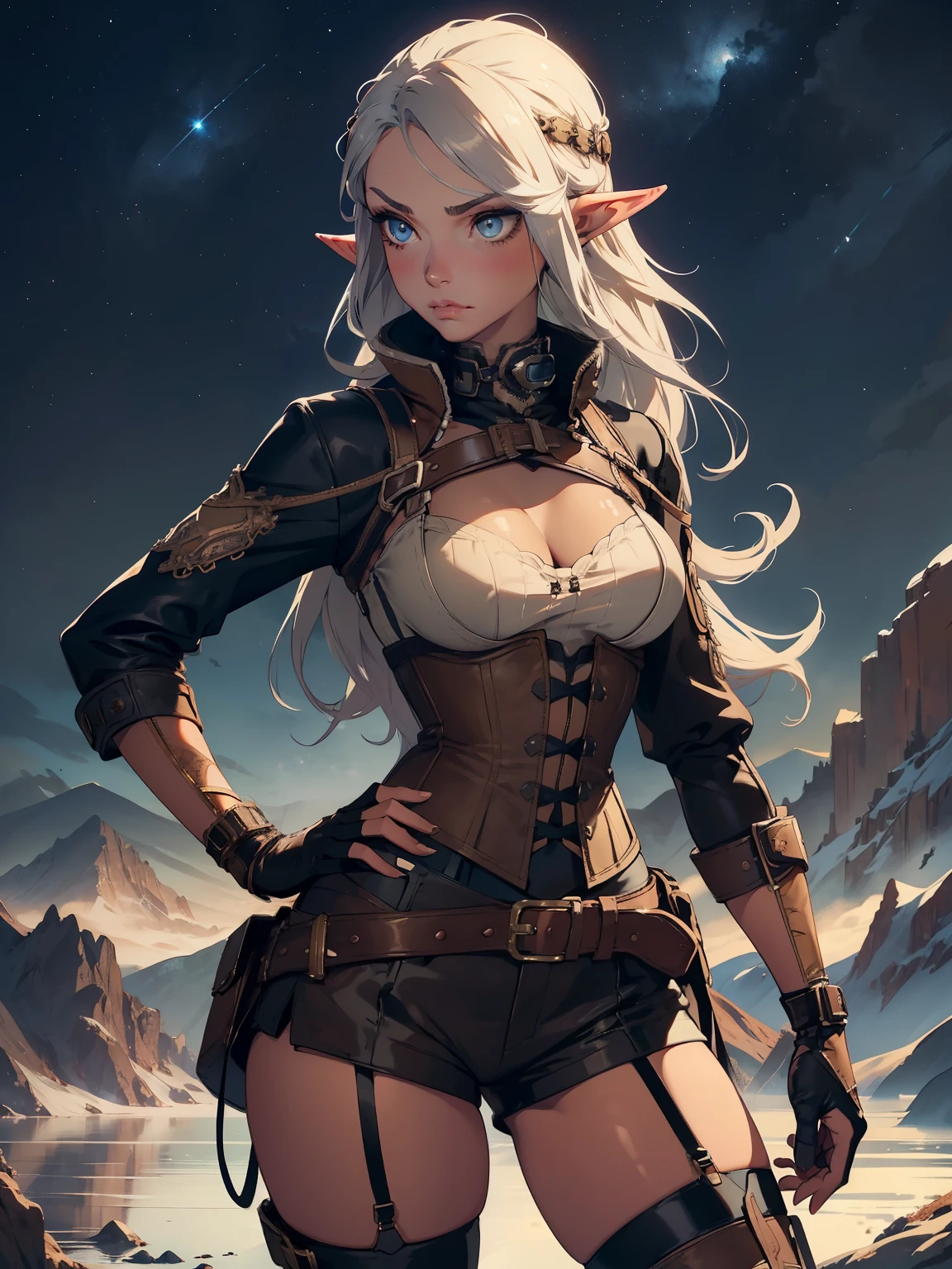 masterpiece, high quality, 1_woman, ((upper body)), ((hand on hip)), standing, (exotic skin_complexion:1.4), mature, (looking away from the viewer), portrait shot, (pouting face), tall, beautiful, exotic, with long elf ears, long hair, silver hair, detailed face, having diamond shaped eyes, blue eyes, (dark_eyeliner), long_eyelashes medium_bust, wearing Steampunk corset, chest window, (brown shorts), crossing belts, (goggles on head), long fingerless_gloves, belts with metal gears, black thigh highs with embroidery, knee boots with laces, dynamic lighting casts detailed shadows, mountains in distance, lake, night sky, stars,