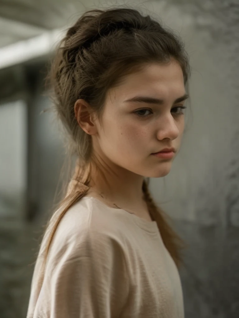 Beautiful girl wears casual clothes Sad face, side view, furrowed eyebrows, close-up