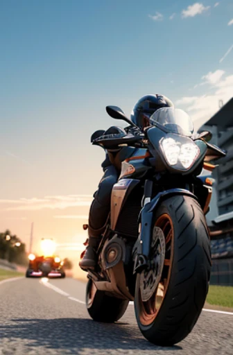 there are many people riding motorcycles on a track at sunset, racers, game illustration, game cg, detailed game art illustration, cycles 3 d render, background artwork, high speed action, motorcycle concept art, daniel maidman octane rendering, cycles4d render, motorbikers race in hell, race track background, octane cgsociety, game art
