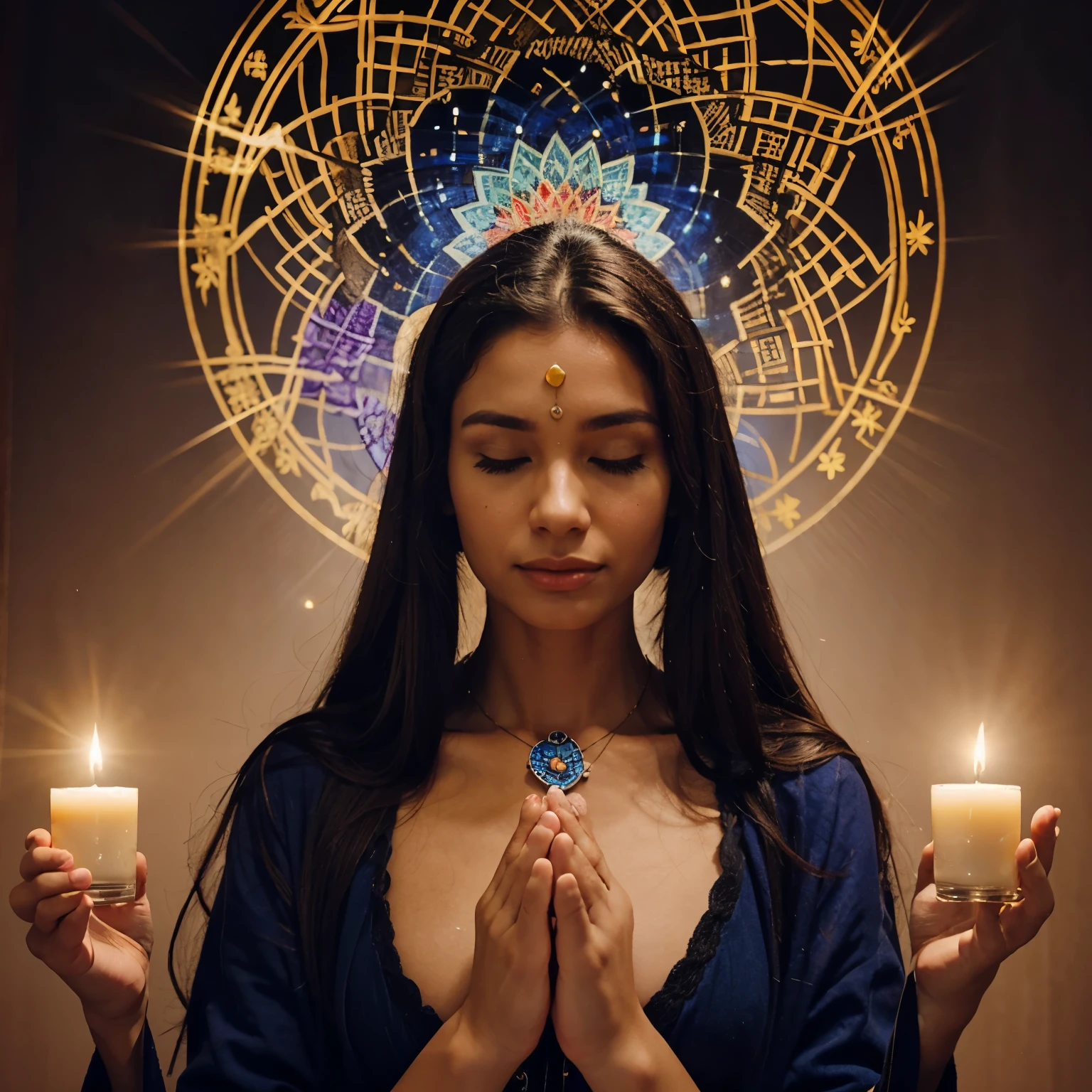Create a captivating cover image for a video titled "Le Pouvoir Mystique, Spirituel et de Guérison de la Fellation". The image should be elegant and subtle, with visual elements evoking spirituality, le mysticisme et la guérison.
Contexte : A blurred background with esoteric patterns, comme des mandalas, des symboles de chakras et des éléments de lumière douce.
Couleurs : Utilisez des tons apaisants comme le violet, le bleu nuit et le doré pour créer une ambiance mystique et spirituelle.
Main elements : Une silhouette féminine, éthérée et gracieuse, surrounded by a halo of soft light and luminous particles. Ajoutez des symboles spirituels tels que des fleurs de lotus, des cristaux, ou des plumes qui flottent autour d'elle.
Texte : Include the title "Le Pouvoir Mystique, Spirituel et de Guérison de la Fellation" with elegant and clear typography, placed so as not to overload the image.
emotions : L'image doit dégager une sensation de paix, de mystère et de bien-être, encouraging curiosity and interest in the subject of the video.