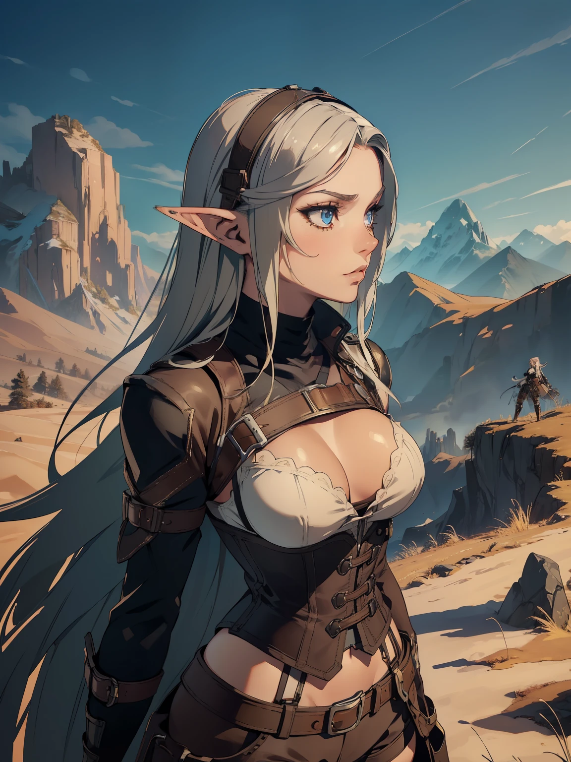 masterpiece, high quality, 1_woman, ((upper body)), (with arms crossed), ((crossing arms)), standing, (exotic skin_complexion:1.4), mature, (looking away from the viewer), (pouting face), tall, beautiful, exotic, with long elf ears, long hair, silver hair, detailed face, having diamond shaped eyes, blue eyes, (dark_eyeliner), long_eyelashes medium_bust, wearing Steampunk corset, chest window, (brown shorts), crossing belts, (goggles on head), long fingerless_gloves, belts with metal gears, black thigh highs with embroidery, knee boots with laces, dynamic lighting casts detailed shadows, mountains in distance, walking path, grassy field,