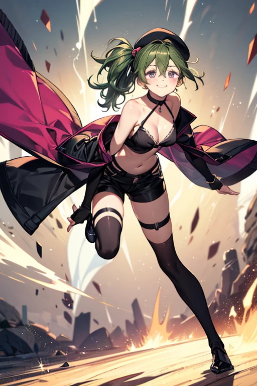 ubel,((ubel of Frieren: Beyond Journey's End )),dark green hair,long hair,side ponytail,hair between eyes,bangs, BREAK (beret, black jacket, open clothes, cleavage, midriff, black shorts, black thighhighs, thigh strap, fingerless gloves, single glove:1.2) , (dynamic angle:1.3, front view:1.1, breast focus:1.3, from below:1.2), (dynamic posing:1.5, sexy posing:1.2, leaning forward), (seductive smiling:1.3),(*K) HD, highest quality, WorKs of masters, High resolution, spread legs, panties shot,1 girl, small nose,(with sparkling eyes and a contagious smile), very beautiful detailed face and eyes, bright colors, cute face, delicate beautiful face, Bright magenta eyes, cute eyes, sparkling eyes, Big eyes, (big breasts:1.3), (perky chest:1.1), (pointed chest:1.0), medium hips, glamorous body, white skin, smile, thin pubric hair, shiny hair, super beautiful face, Super beautiful eyes, Super beautiful hair，trendy outfit，sexy and attractive，explosion of colors，big hairpin，full body esbian，illegal occupation, Real World, Natural light,perfect Natural light,looking at viewer,
