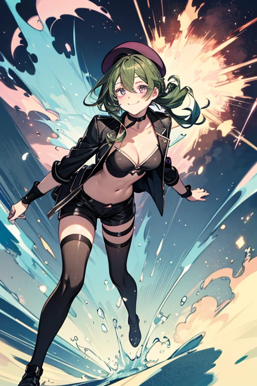 ubel,((ubel of Frieren: Beyond Journey's End )),dark green hair,long hair,side ponytail,hair between eyes,bangs, BREAK (beret, black jacket, open clothes, cleavage, midriff, black shorts, black thighhighs, thigh strap, fingerless gloves, single glove:1.2) , (dynamic angle:1.3, front view:1.1, breast focus:1.3, from below:1.2), (dynamic posing:1.5, sexy posing:1.2, leaning forward), (seductive smiling:1.3),(*K) HD, highest quality, WorKs of masters, High resolution, spread legs, panties shot,1 girl, small nose,(with sparkling eyes and a contagious smile), very beautiful detailed face and eyes, bright colors, cute face, delicate beautiful face, Bright magenta eyes, cute eyes, sparkling eyes, Big eyes, (big breasts:1.3), (perky chest:1.1), (pointed chest:1.0), medium hips, glamorous body, white skin, smile, thin pubric hair, shiny hair, super beautiful face, Super beautiful eyes, Super beautiful hair，trendy outfit，sexy and attractive，explosion of colors，big hairpin，full body esbian，illegal occupation, Real World, Natural light,perfect Natural light,looking at viewer,
