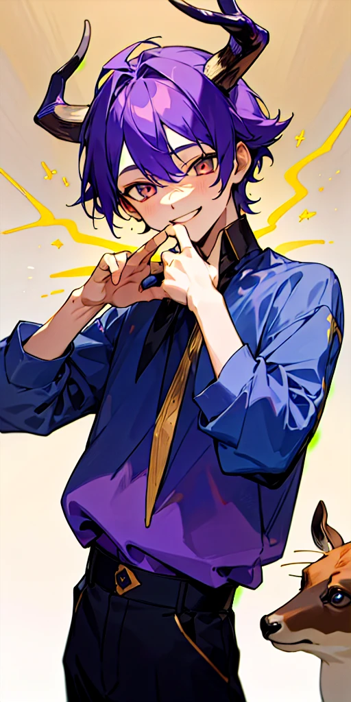 (masterpiece, best quality),1boy of 10 years old who has purple hair and golden eyes wearing a blue shirt and black pant smiling and having deer like horns 