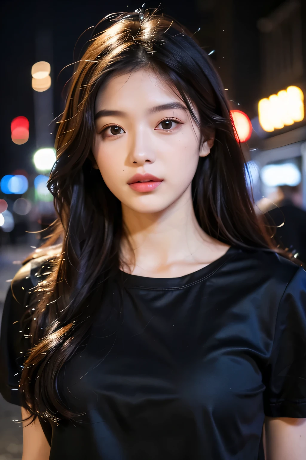  perfect face((best quality)), ((masterpiece)), (detailed) perfect face, 20 years old, black long hair , beautiful black t shirt outfit, night street background , realistic 