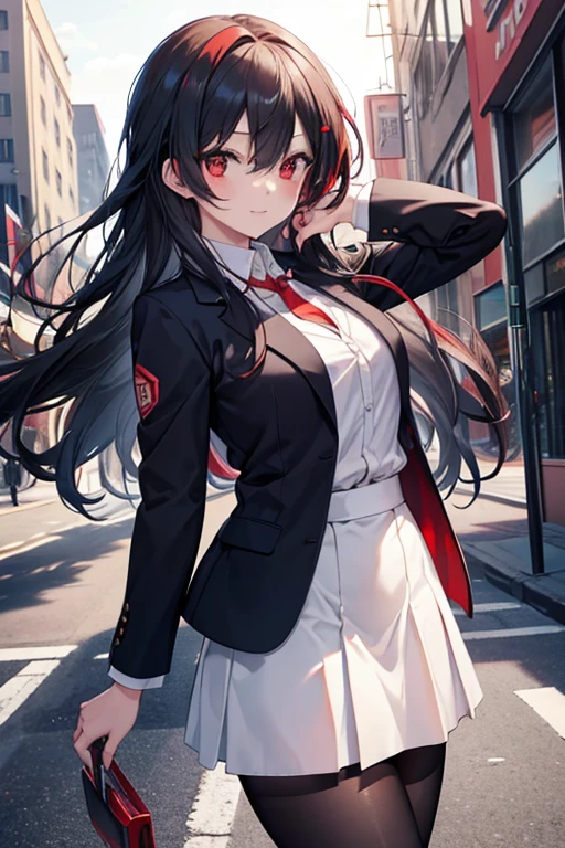 Commercial purposes, utaha kasumigaoka, black hair, White Hair Band, long hair, (red eyes:1.5),blush,happy smile, smile, open your mouth,skirt,OL, red glasses, end, black suit jacket, collared jacket, white dress shirt, collared shirt, neckline, button, strap, ID card on neck, Black pencil skirt, black pantyhose,stiletto heels,morning,morning yang,the sun is rising,
break looking at viewer,whole body,(cowboy shot:1. 5)
break outdoors, building street,In town,
break (masterpiece:1.2), highest quality, High resolution, unity 8k wallpaper, (shape:0.8), (fine and beautiful eyes:1.6), highly detailed face, perfect lighting, Very detailed CG, (perfect hands, perfect anatomy),