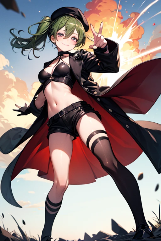 ubel,((ubel of Frieren: Beyond Journey's End )),dark green hair,long hair,side ponytail,hair between eyes,bangs, BREAK (beret, black jacket, open clothes, cleavage, midriff, black shorts, black thighhighs, thigh strap, fingerless gloves, single glove:1.2) , (dynamic angle:1.3, front view:1.1, breast focus:1.3, from below:1.2), (dynamic posing:1.5, sexy posing:1.2, leaning forward), (seductive smiling:1.3),(*K) HD, highest quality, WorKs of masters, High resolution, spread legs, panties shot,1 girl, small nose,(with sparkling eyes and a contagious smile), very beautiful detailed face and eyes, bright colors, cute face, delicate beautiful face, Bright magenta eyes, cute eyes, sparkling eyes, Big eyes, (big breasts:1.3), (perky chest:1.1), (pointed chest:1.0), medium hips, glamorous body, white skin, smile, thin pubric hair, shiny hair, super beautiful face, Super beautiful eyes, Super beautiful hair，trendy outfit，sexy and attractive，explosion of colors，big hairpin，full body esbian，illegal occupation, Real World, Natural light,perfect Natural light,looking at viewer,
