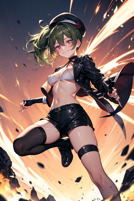 ubel,((ubel of Frieren: Beyond Journey's End )),dark green hair,long hair,side ponytail,hair between eyes,bangs, BREAK (beret, black jacket, open clothes, cleavage, midriff, black shorts, black thighhighs, thigh strap, fingerless gloves, single glove:1.2) , (dynamic angle:1.3, front view:1.1, breast focus:1.3, from below:1.2), (dynamic posing:1.5, sexy posing:1.2, leaning forward), (seductive smiling:1.3),(*K) HD, highest quality, WorKs of masters, High resolution, spread legs, panties shot,1 girl, small nose,(with sparkling eyes and a contagious smile), very beautiful detailed face and eyes, bright colors, cute face, delicate beautiful face, Bright magenta eyes, cute eyes, sparkling eyes, Big eyes, (big breasts:1.3), (perky chest:1.1), (pointed chest:1.0), medium hips, glamorous body, white skin, smile, thin pubric hair, shiny hair, super beautiful face, Super beautiful eyes, Super beautiful hair，trendy outfit，sexy and attractive，explosion of colors，big hairpin，full body esbian，illegal occupation, Real World, Natural light,perfect Natural light,looking at viewer,
