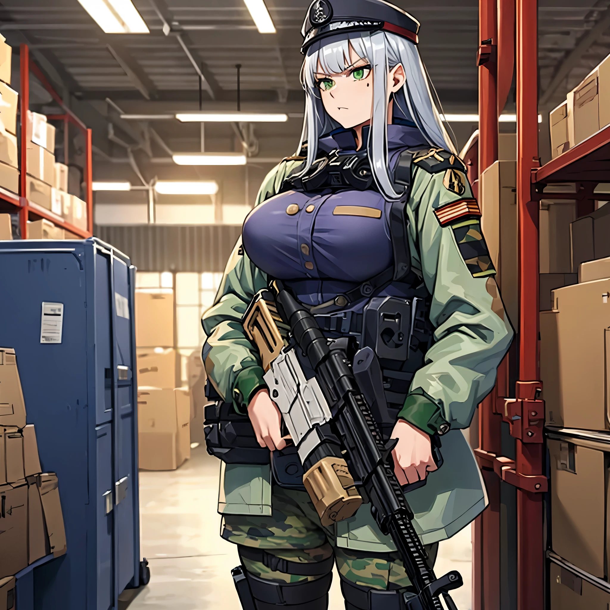 A woman wearing military clothing, military hat, silver hair, green eyes, holding an assault rifle, in a warehouse, with lighting, serious face, large breasts,HDR, ultra resolution, well defined, masterpiece, 8K HD. (solo woman)
