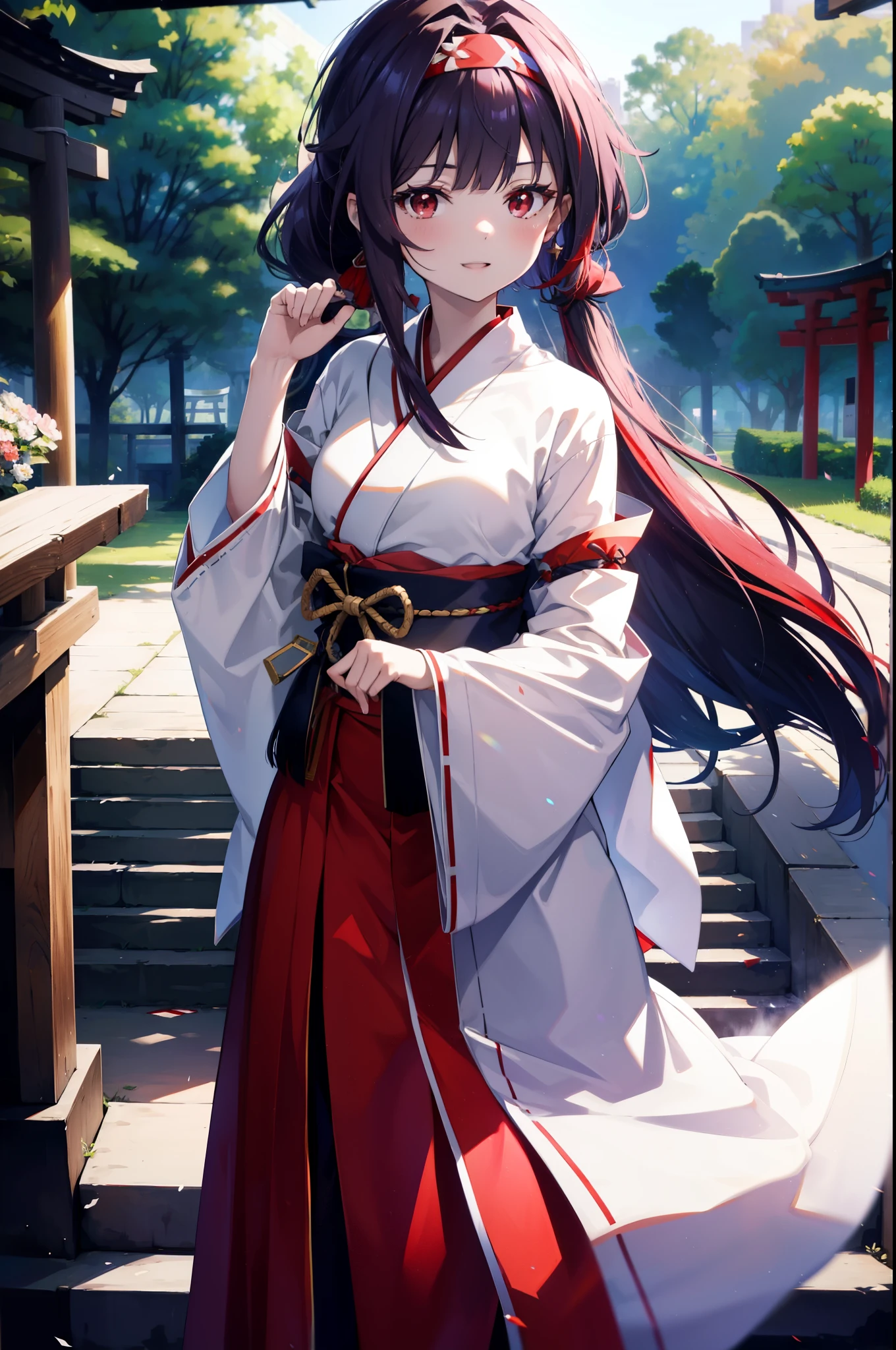 yuukikonno, Konno Yuuki, hair band, Long Hair, Pointed Ears, Purple Hair, (Red eyes:1.5), (Small breasts:1.2), Open your mouth,
happy smile, smile, Open your mouth,Platycodon grandiflorum,Miko, White Kimono,Red Hakama Kimono, As with the skirt, Wide sleeves, Long sleeve, Thick sleeves,Ribbon-trimmed sleeves, Daytime,Clear skies, とてもLong Hair, Blunt bangs, Low ponytail, break outdoors, shrine,torii, break looking at viewer, (Cowboy Shot:1.5), break (masterpiece:1.2), highest quality, High resolution, unity 8k wallpaper, (figure:0.8), (Beautiful fine details:1.6), Highly detailed face, Perfect lighting, Highly detailed CG, (Perfect hands, Perfect Anatomy),