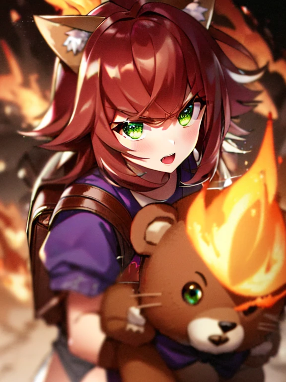 Green Eyes, annie, Red Hair, angry, brown leather backpack, short hair, fake cat ears, long bangs, fire, teddy bear, tibbers, purple shirt, flame, throwing, 
