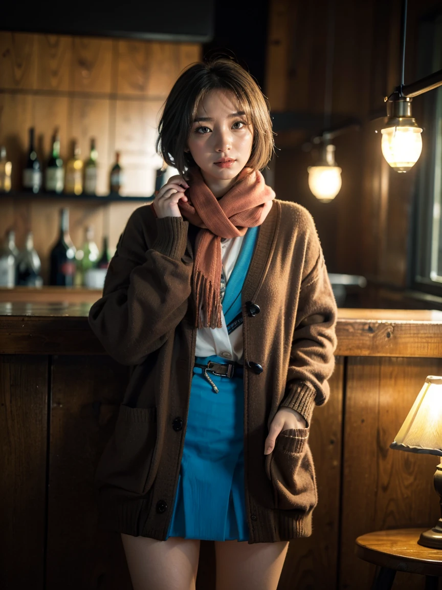 (1 lady), (Best quality at best:1.4), (ultra - detailed), (extremely detailed CG unified 16k), A Beautiful Woman with Perfect Figure: 1.4, Sharp Focus: 1.2, very detailed, High-definition RAW color photo, professional photoshooting, amazing face and eyes, cosmetics, (amazingly beautiful girl), ((yuki)), ((winter uniform, cardigan, kneehighs, blue skirt, serafuku, brown coat, scarf, kneehighs)), standing, sexyposture,(Dark and stylish bar, drinks, lamp lights, lamp lights:1.3), (look from down), realistic cinematic face, head to feet long wide zoomed out view, full body long view, photorealistic, ((realistic natural hair style, yellowish eyes)), gorgeous, extremely beautiful face, perfect model beauty, pout mouth, Highly Detailed Face and Skin Texture, Detailed Eyes, Double Eyelids, Big Breasts, inexpressive face, cleavages, western, (masterpiece), best quality, high resolution, extremely detailed, blurred background, depth of field, cinematic lighting, amazing legs, high heels, clear and well-cared skin,