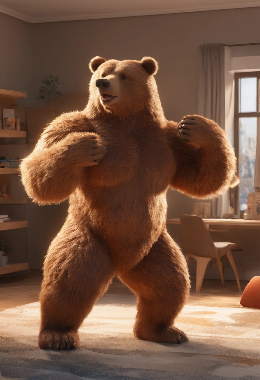 A muscular and hairy male bear is depicted in a solo and captivating scene, sitting alone in a bright yet soft-lit bedroom. His large, expressive eyes, full of complex emotions, are fixed directly on the viewer, creating an intimate and engaging connection. The bear's nocturnal nature is accentuated by the dim surroundings, as his big belly contrasts with the definition in his muscles. His detailed body is covered in brown fur, and a proud, happy mood radiates from him as he reaches down to touch himself intimately with a sense of realism and highest quality detail. The bear's large penis stands prominent, adding to the realistic and dramatic depiction of this intimate moment. This master