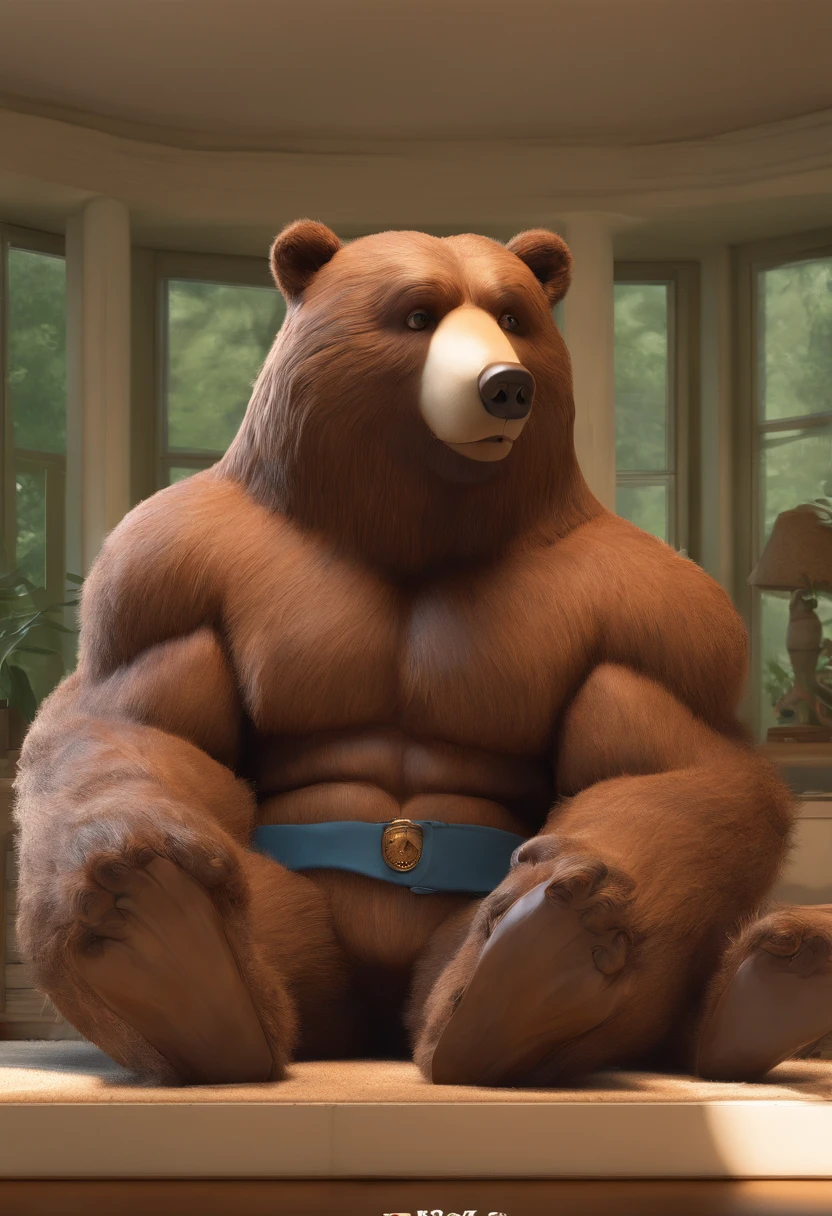A muscular and hairy male bear is depicted in a solo and captivating scene, sitting alone in a bright yet soft-lit bedroom. His large, expressive eyes, full of complex emotions, are fixed directly on the viewer, creating an intimate and engaging connection. The bear's nocturnal nature is accentuated by the dim surroundings, as his big belly contrasts with the definition in his muscles. His detailed body is covered in brown fur, and a proud, happy mood radiates from him as he reaches down to touch himself intimately with a sense of realism and highest quality detail. The bear's large penis stands prominent, adding to the realistic and dramatic depiction of this intimate moment. This master