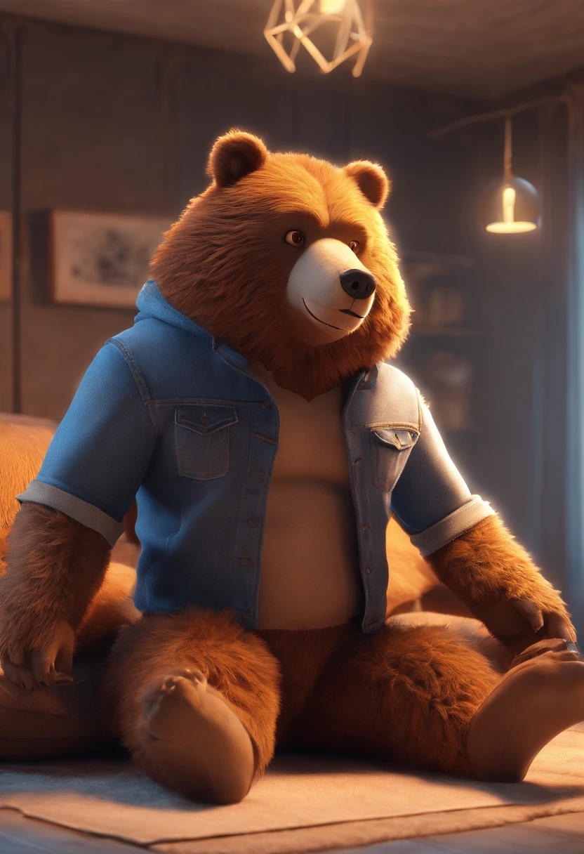 A muscular and hairy male bear is depicted in a solo and captivating scene, sitting alone in a bright yet soft-lit bedroom. His large, expressive eyes, full of complex emotions, are fixed directly on the viewer, creating an intimate and engaging connection. The bear's nocturnal nature is accentuated by the dim surroundings, as his big belly contrasts with the definition in his muscles. His detailed body is covered in brown fur, and a proud, happy mood radiates from him as he reaches down to touch himself intimately with a sense of realism and highest quality detail. The bear's large penis stands prominent, adding to the realistic and dramatic depiction of this intimate moment. This master