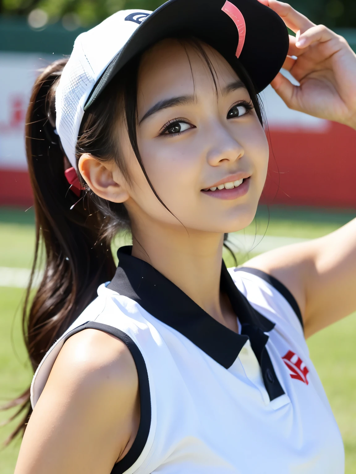 Best-quality, Masterpiece, Ultra-High-Resolution, (Photorealistic:1.4), Raw-Photo, 1girl, -yeld, thost famous Japanese idol, playing tennis, wearing tennis-uniform and tennis cap, (extremely cute face, ((extremely cute big-black-eyes)), extremely cute hairstyle), extremely cute eyelashes, extremely cute lips, (extremely beautiful skins), dynamic-pose, innocent-smile