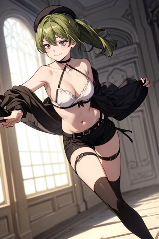 ubel,((ubel of Frieren: Beyond Journey's End )),dark green hair,long hair,side ponytail,hair between eyes,bangs, BREAK (beret, black jacket, open clothes, cleavage, midriff, black shorts, black thighhighs, thigh strap, fingerless gloves, single glove:1.2) , (dynamic angle:1.3, front view:1.1, breast focus:1.3, from below:1.2), (dynamic posing:1.5, sexy posing:1.2, leaning forward), (seductive smiling:1.3),(*K) HD, highest quality, WorKs of masters, High resolution, spread legs, panties shot,1 girl, small nose,(with sparkling eyes and a contagious smile), very beautiful detailed face and eyes, bright colors, cute face, delicate beautiful face, Bright magenta eyes, cute eyes, sparkling eyes, Big eyes, (big breasts:1.3), (perky chest:1.1), (pointed chest:1.0), medium hips, glamorous body, white skin, smile, thin pubric hair, shiny hair, super beautiful face, Super beautiful eyes, Super beautiful hair,trendy outfit,sexy and attractive,explosion of colors,big hairpin,full body esbian,illegal occupation, Real World, Natural light,perfect Natural light,looking at viewer,