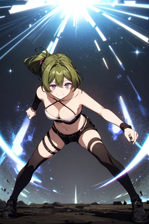 ubel,((ubel of Frieren: Beyond Journey's End )),dark green hair,long hair,side ponytail,hair between eyes,bangs, BREAK (beret, black jacket, open clothes, cleavage, midriff, black shorts, black thighhighs, thigh strap, fingerless gloves, single glove:1.2) , (dynamic angle:1.3, front view:1.1, breast focus:1.3, from below:1.2), (dynamic posing:1.5, sexy posing:1.2, leaning forward), (seductive smiling:1.3),(*K) HD, highest quality, WorKs of masters, High resolution, spread legs, panties shot,1 girl, small nose,(with sparkling eyes and a contagious smile), very beautiful detailed face and eyes, bright colors, cute face, delicate beautiful face, Bright magenta eyes, cute eyes, sparkling eyes, Big eyes, (big breasts:1.3), (perky chest:1.1), (pointed chest:1.0), medium hips, glamorous body, white skin, smile, thin pubric hair, shiny hair, super beautiful face, Super beautiful eyes, Super beautiful hair，trendy outfit，sexy and attractive，explosion of colors，big hairpin，full body esbian，illegal occupation, Real World, Natural light,perfect Natural light,looking at viewer,
