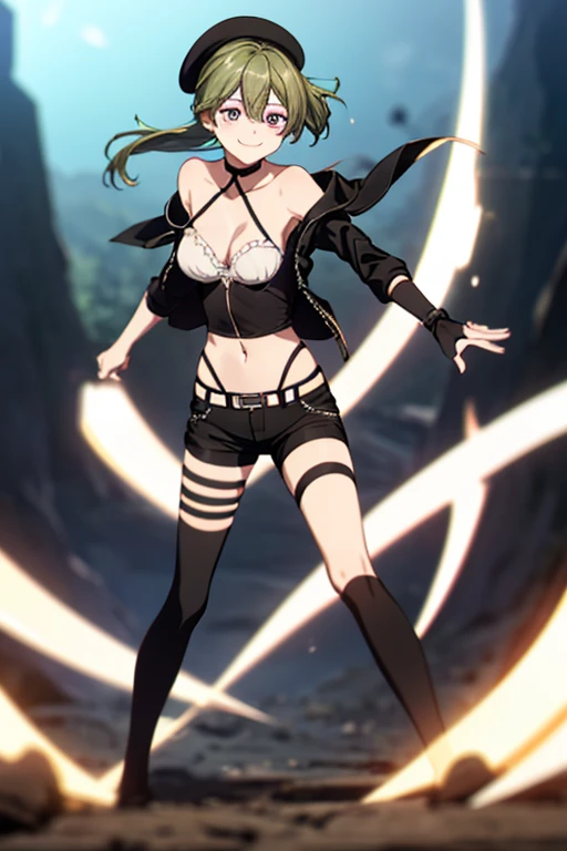 ubel,((ubel of Frieren: Beyond Journey's End )),dark green hair,long hair,side ponytail,hair between eyes,bangs, BREAK (beret, black jacket, open clothes, cleavage, midriff, black shorts, black thighhighs, thigh strap, fingerless gloves, single glove:1.2) , (dynamic angle:1.3, front view:1.1, breast focus:1.3, from below:1.2), (dynamic posing:1.5, sexy posing:1.2, leaning forward), (seductive smiling:1.3),(*K) HD, highest quality, WorKs of masters, High resolution, spread legs, panties shot,1 girl, small nose,(with sparkling eyes and a contagious smile), very beautiful detailed face and eyes, bright colors, cute face, delicate beautiful face, Bright magenta eyes, cute eyes, sparkling eyes, Big eyes, (big breasts:1.3), (perky chest:1.1), (pointed chest:1.0), medium hips, glamorous body, white skin, smile, thin pubric hair, shiny hair, super beautiful face, Super beautiful eyes, Super beautiful hair,trendy outfit,sexy and attractive,explosion of colors,big hairpin,full body esbian,illegal occupation, Real World, Natural light,perfect Natural light,looking at viewer,