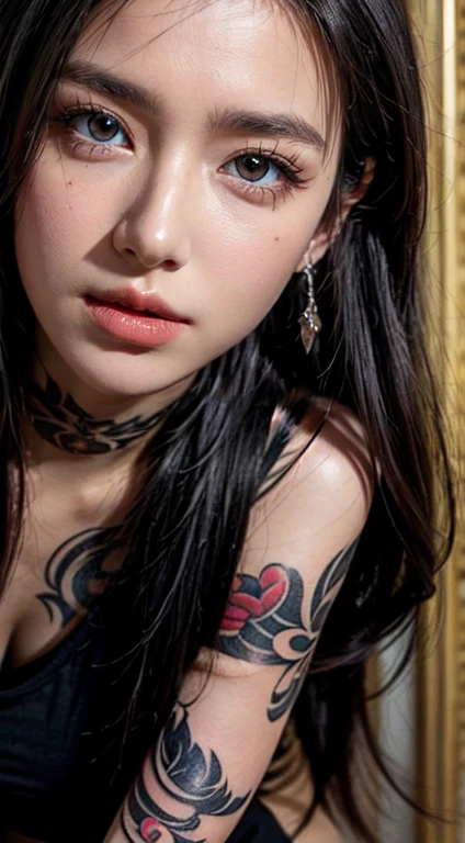 (best quality,height:1.2),very detailed,Full body close-up photo: 1.4,(realistic:1.37),(soft light),(1 girl),abandoned,from the front,raise hips,(detailed face),(tattoo),Lock the heart of a thief,golden eyes,black hair,long hair.