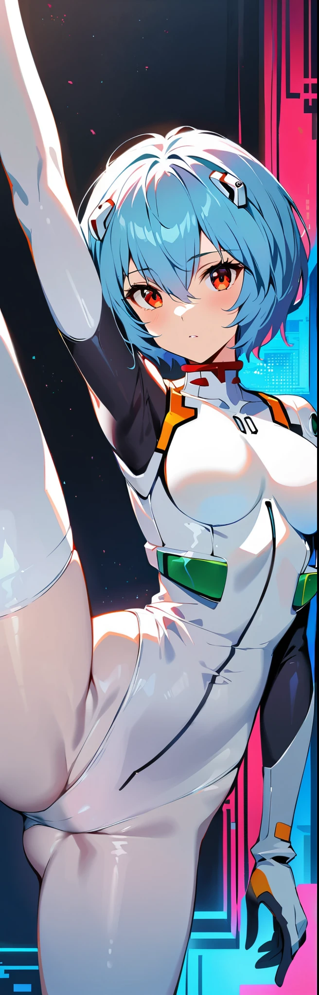 (best quality:1.2),1girl,solo,standing_split,Ayanami Rei,white bodysuit,red eyes,pilot suit,short hair,blue hair,bangs,interface headset,turtleneck,hair between eyes,pixelated background,neon lights,sci-fi color scheme,vivid colors,metallic texture,detailed shading,holographic interface,dark atmosphere,high contrast,sharp focus,wisps of hair,reflective surface,exquisite details,high-res,studio lighting,red accents,illuminated surroundings,artificial intelligence assistant, nude chuby and suck dick