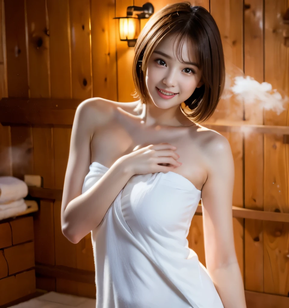 highest quality、8k、Ultra-high resolution、Clear photos、Professional Lighting、pretty girl、Baby Face、Round face、Round eyes、Very short hair、smile、Big Breasts、super slim、Narrow waist、Hot Springs Inn、Standing in an indoor hot spring、Wrap a bath towel around your body、Lots of steam、Warm Light