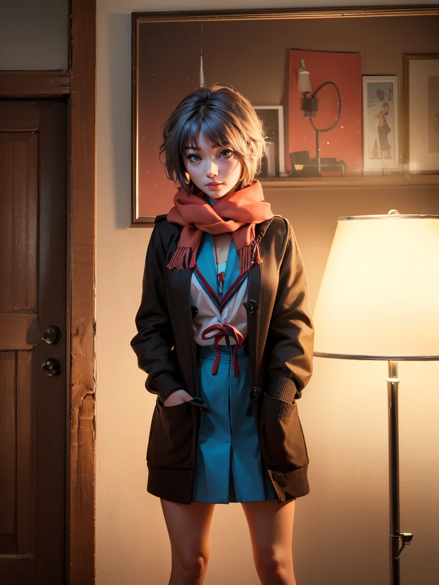 (1 lady), (Best quality at best:1.4), (ultra - detailed), (extremely detailed CG unified 16k), A Beautiful Woman with Perfect Figure: 1.4, Sharp Focus: 1.2, very detailed, High-definition RAW color photo, professional photoshooting, amazing face and eyes, cosmetics, (amazingly beautiful girl), ((yuki)), ((winter uniform, cardigan, kneehighs, blue skirt, serafuku, brown coat, scarf, kneehighs)), standing, sexyposture,(Dark and stylish bar, drinks, lamp lights, lamp lights:1.3), (look from down), realistic cinematic face, head to feet long wide zoomed out view, full body long view, photorealistic, ((realistic natural grayish purple hair style, yellowish eyes)), gorgeous, extremely beautiful face, perfect model beauty, pout mouth, Highly Detailed Face and Skin Texture, Detailed Eyes, Double Eyelids, Big Breasts, inexpressive face, cleavages, western, (masterpiece), best quality, high resolution, extremely detailed, blurred background, depth of field, cinematic lighting, amazing legs, high heels, clear and well-cared skin,
