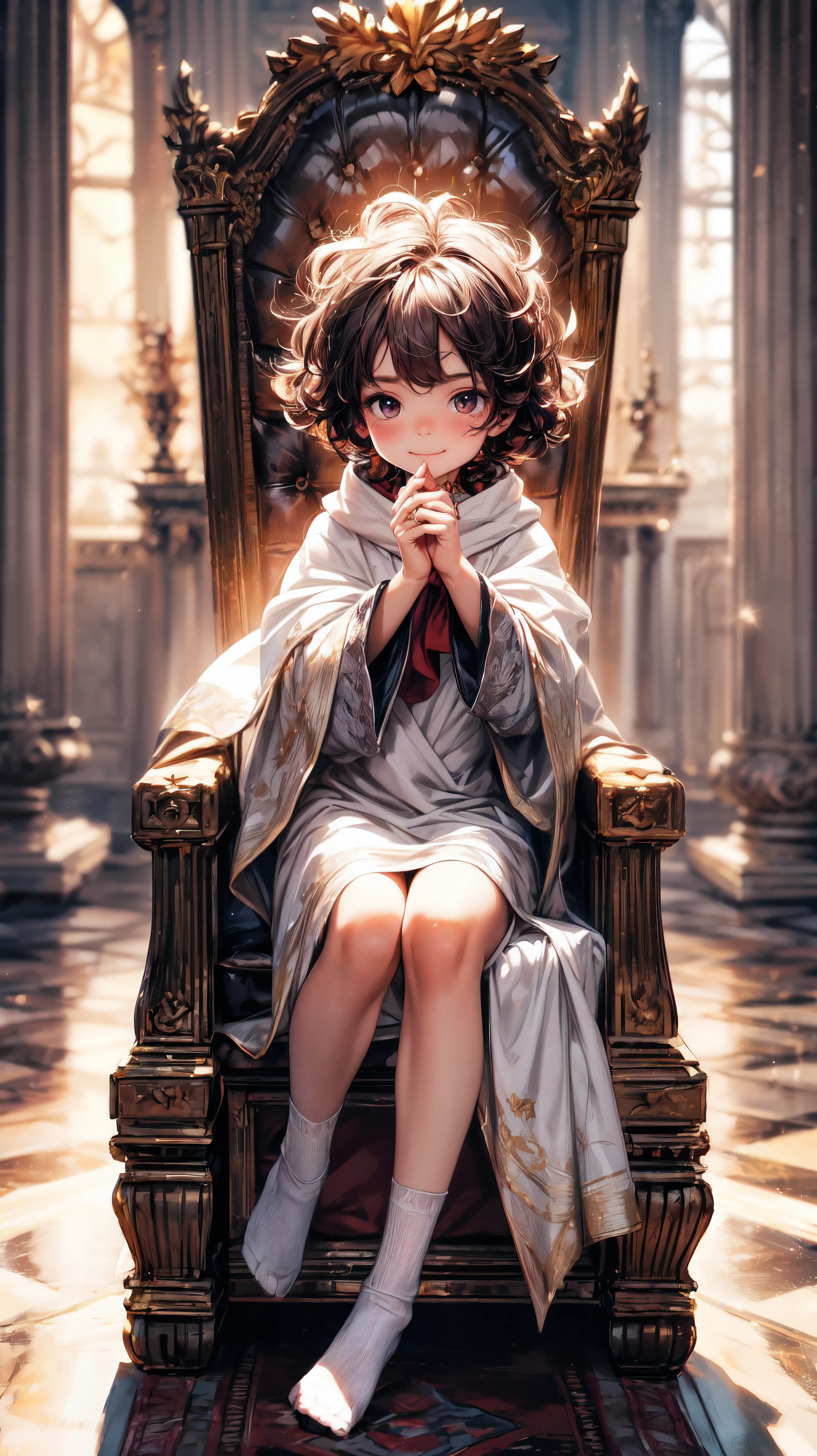 (best quality,4k,8k,highres,masterpiece:1.2),ultra-detailed,(realistic,photorealistic,photo-realistic:1.37), (solo), A cute very  (boy:1.1) wearing a white cloak and a (very long silk long dress:1.1), prince, (best wrinkle, best shadow), (White long stockings), soft curly hair, sparkling eyes, (curious sparkling eyes, innocent smile, cheeks rosy with happiness), dainty silver crown on his head, (Sitting on an exquisite and solemn throne), In the magnificent palace, bathed in warm golden sunlight, creating a dreamy and magical atmosphere.